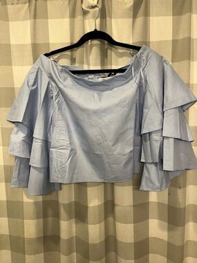Endless Rose Light Blue Off-Shoulder Triple Ruffle Blouse